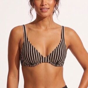 Shade & Shore Black Tan Striped Underwire Bikini Swim Top 32B